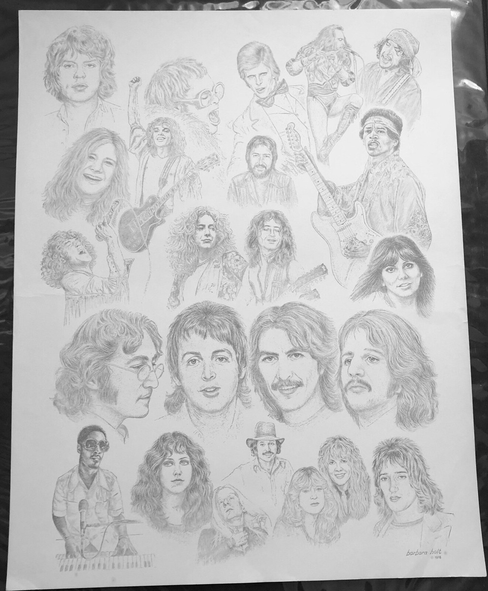 1978~POP STARS MUSIC~PENCIL DRAWING ART PRINT POSTER~SIGNED
