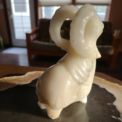  Alabaster Marble Big Horn Ram Hand Carved White &  Black Vein 2 Lbs 5.5'' x 4.5''