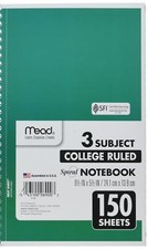 Mead Spiral Notebook 3 Subject College Ruled Paper 150 Sheets 9-1/2 x 5-1/2