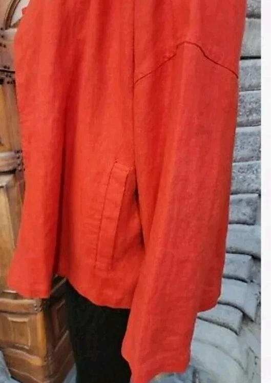 Eileen Fisher 100% Organic Linen Open Front Jacket Large Geranium Red Draped - Image 4 of 4