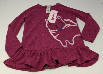 NWT Flapdoodles Girl's Long Sleeve, Dark Pink, Sequined Cat Shirt, Size (4)