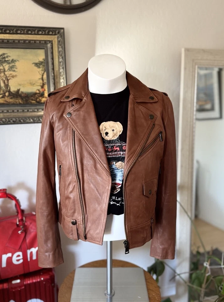 Preciosa Chaqueta Polo Ralph Lauren Coñac Marrón Cordero Cuero Moto Usada en Excelente Condición - Talla 2 Foto 2 de 4