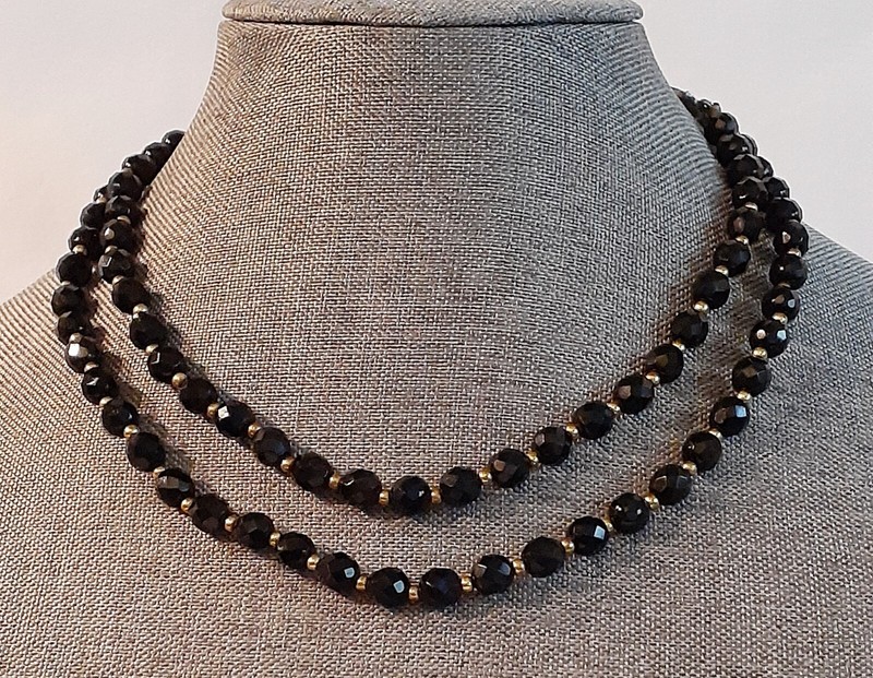 Black Glass Faceted Bead Double Strand Necklace with Earrings