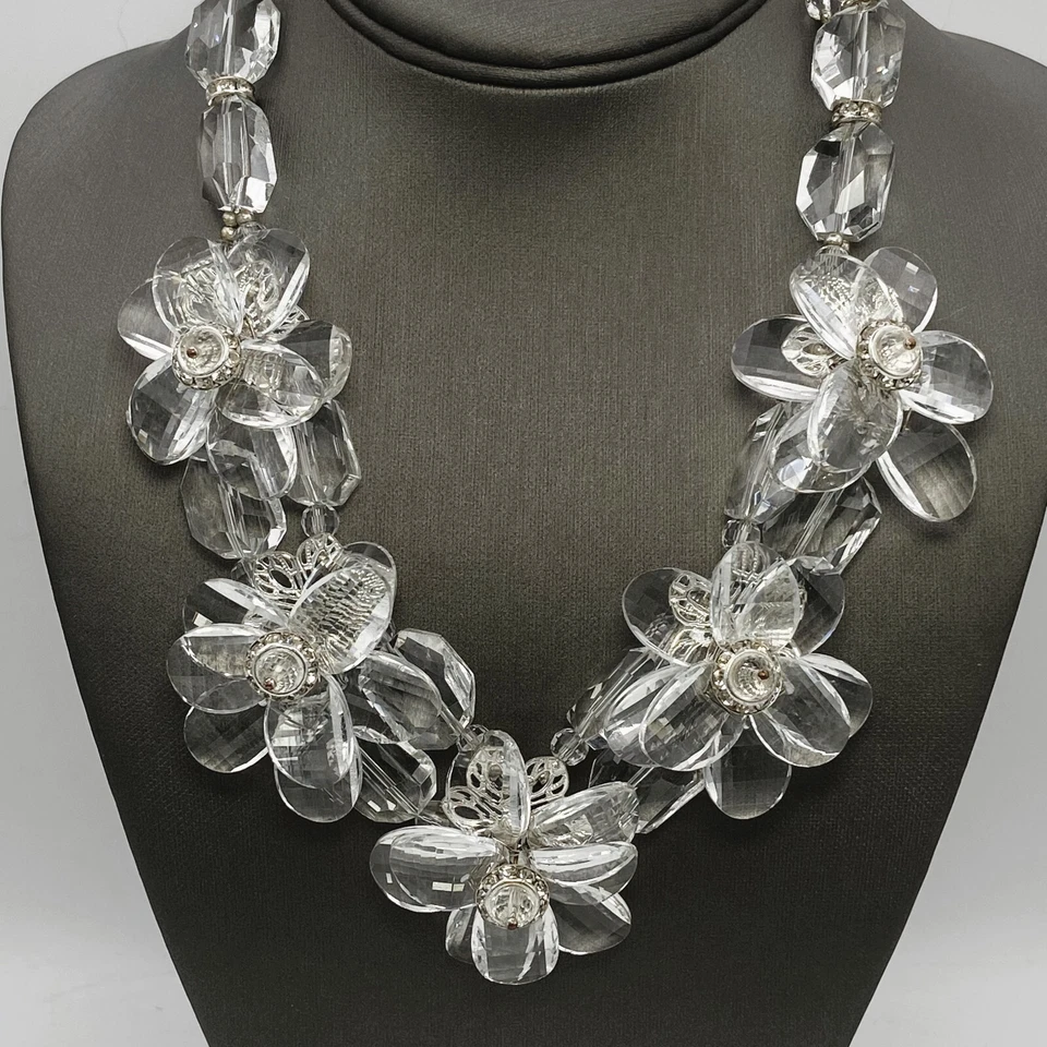 Crystal Flower Statement Necklace, Double Layer Flowers With Rhinestone Accents