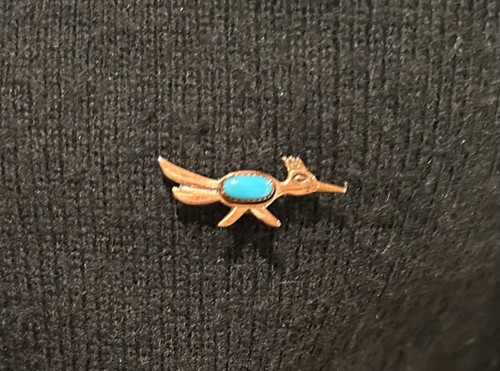 Vintage Roadrunner Turquoise on Copper Brooch Pin Tie Tack