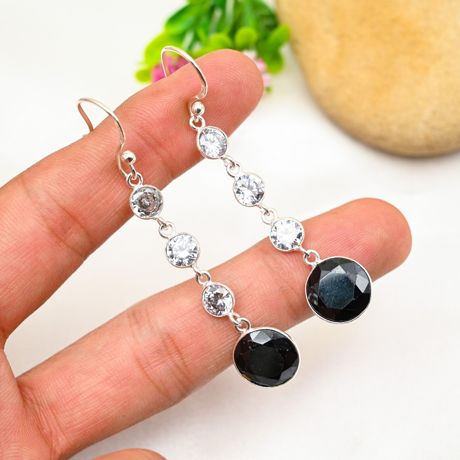 Black Onyx White Topaz Sterling Silver Handmade Gemstone Earrings Jewelry