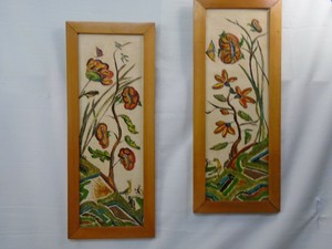 Pair Folk Art Impressionist Paintings On Ceiling Tile Floral