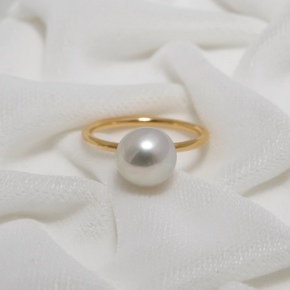 Anillo redondo de perlas Akoya japonesas plateadas-azul de 8,9 mm de oro amarillo sólido de 18 quilates, 6,0# Foto 2 de 4