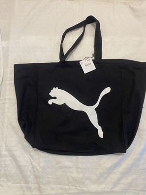 puma canvas large tote shoulder shopper bag, black, w-white puma cat logo