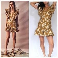 LoveShackFancy Alana Gold Floral Brocade Ruffle Mini Dress Metallic 0 XS