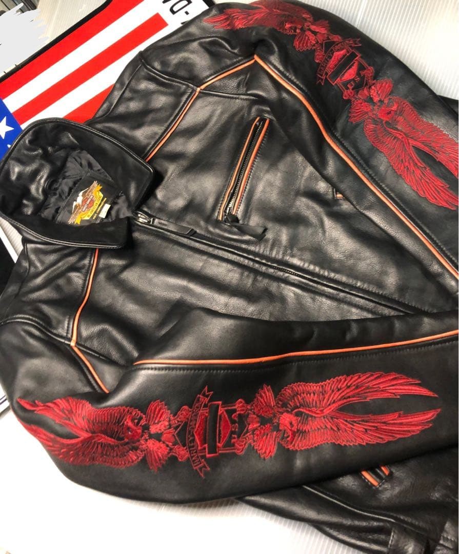[Rare] Harley-Davidson Goat & cowhide riders jacket Size: L Black/Red 2605TK image 6