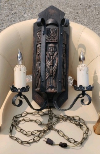 Vtg Electric Wall Candelabra Sconce Lamp Medieval 3 Kings
