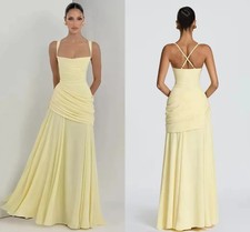 Light Yellow Spaghetti Strap Sexy Prom Dresses Chiffon Backless Maxi Party Club