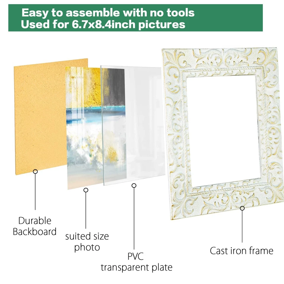 Чугунная фоторамка 7x8 дюймов, винтажная во французском стиле декоративная фоторамка с... - Изображение 2 из 4