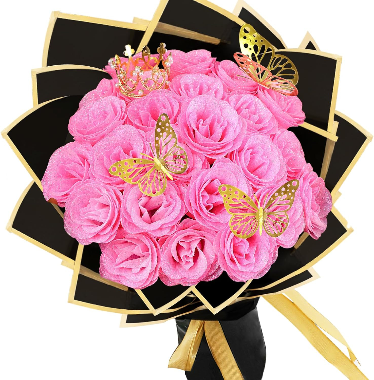 Bouquet Rose Glitterate San Valentino: Regalo Esclusivo con Corona