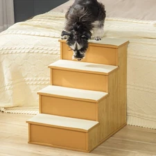 PawHut 4-Step Wooden Pet Stair Pet Steps with Soft Short Plush Cushion