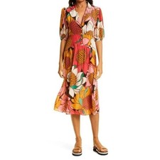 Farm Rio size small pink orange floral midi dress tropical cottage sunflower