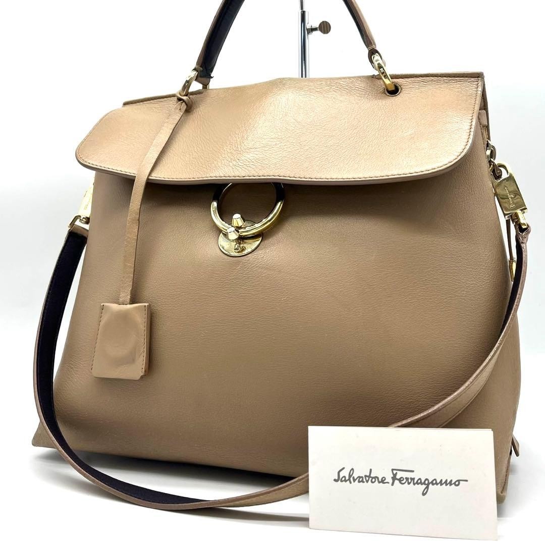 Salvatore Ferragamo Hand Shoulder Bag Tote Purse 2way Gancini Leather Beige Auth