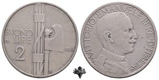 REGNO D'ITALIA Buono da 2 lire 1926 RARA ARGENTO Vittorio Emanuele III