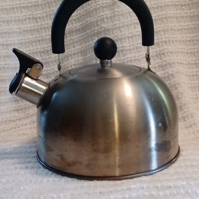 Retro-Style brushed stainless steel stovetop tea steam kettle.