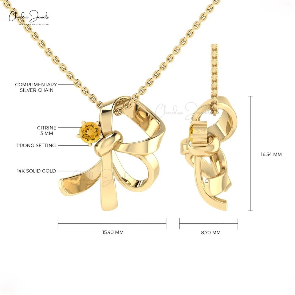 Collar de cadena de oro 14k citrino brillante colgante cinta anudada con arco de 3 mm Foto 4 de 4