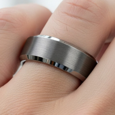 8mm Tungsten Wedding Band   Gunmetal Grey Brushed Matte Center Beveled Ring
