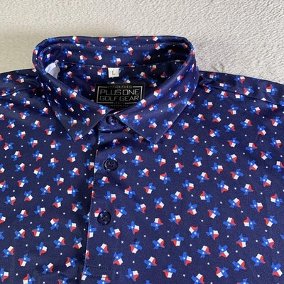 Plus One Golf Gear Polo Shirt Mens Large Blue Texas Flag Patriotic Golf Stretch