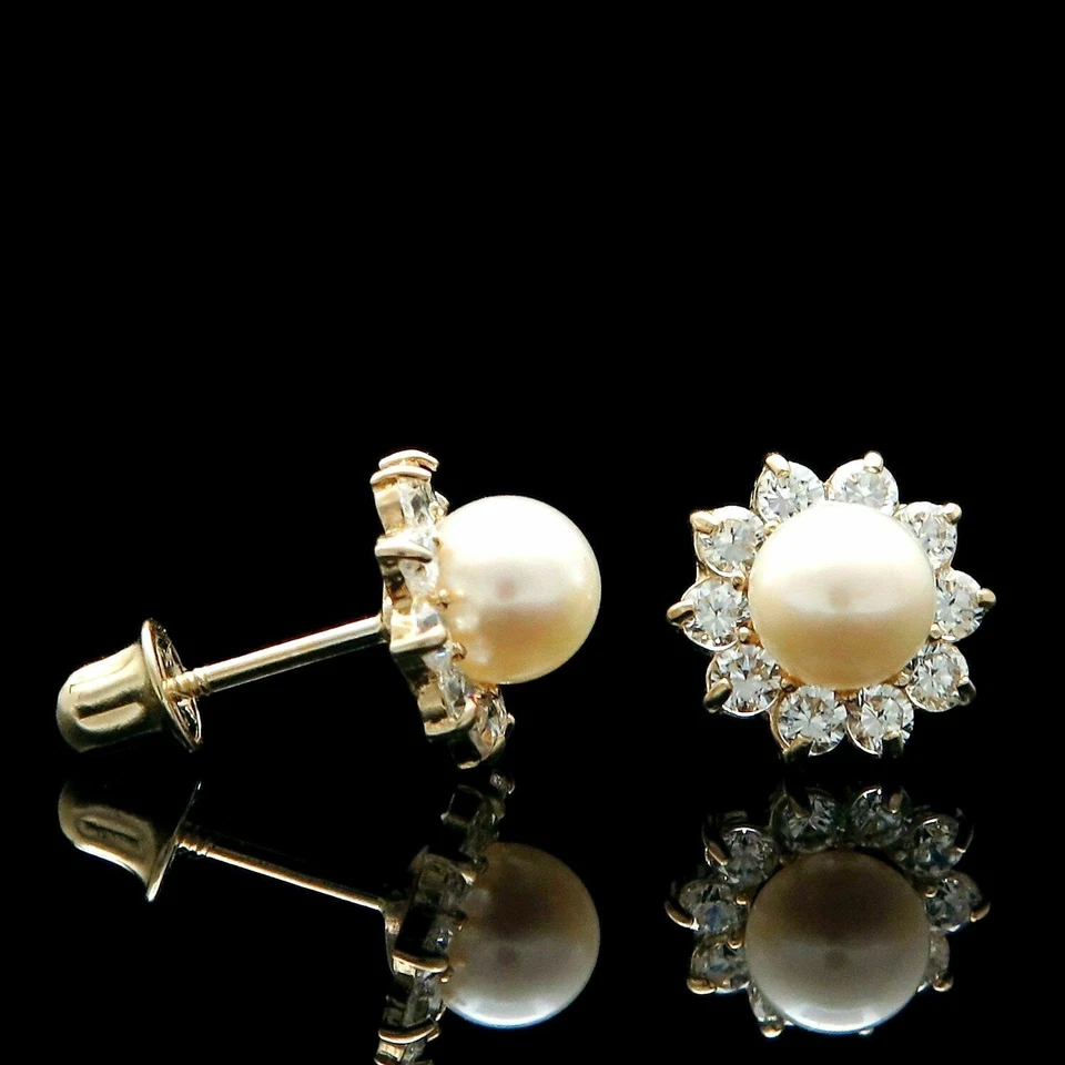 1 克拉钻石光环珍珠耳环 14k 黄金花朵耳钉螺丝背 — 第 2/4 张图片