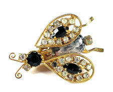 VTG Schreiner Trembler Insect Bee Pin Glass Black White Rhinestone Gold Plated
