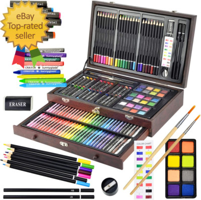 145 Piece Deluxe Art Set Wooden Box An Drawing Kit with Crayons Oil Pastels