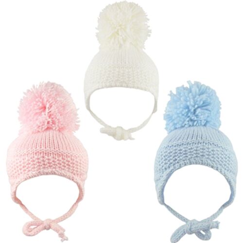 Chapeau bébé grand pom pom cravate menton bobble hiver tricoté chaud garçon fille 0-18 mois - Photo 1/42