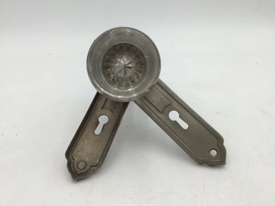 Juego de 2 perillas de puerta de vidrio redondas Art Deco vintage con 2 placas frontales de estaño Foto 3 de 4