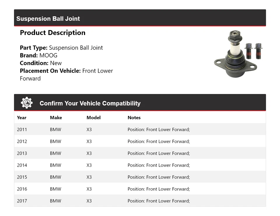 Rótula de suspensión delantera inferior delantera delantera delantera MOOG 2011 2012 BMW X3 2011-2017 Foto 2 de 4