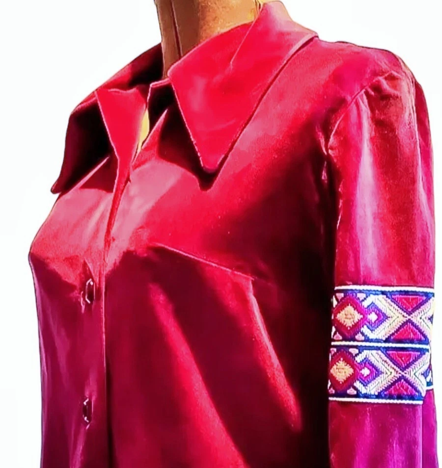 复古 60 年代修身天鹅绒衬衫刺绣丝带镶嵌袖匕首领 S — 第 3/4 张图片