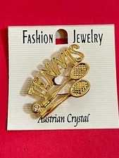 NEW Sports Theme Twin Tennis Racket & Letters Charm Golden Brooch Pin 