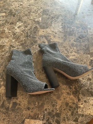 MIX Ankle Boots Black Silver Glitter Stretch Knit Heeled Size