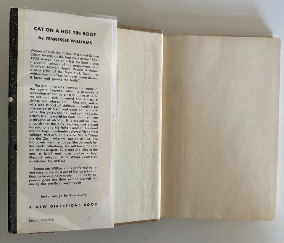 Vintage 1955 1st Ed/2nd Print - Cat on a Hot Tin Roof by Tennessee Williams HCDJ - Image 3 of 4