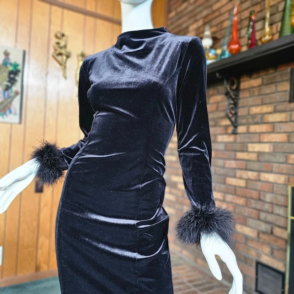 Vestido De Colección Años 90 Vamp Gótico Pluma de Avestruz Elastizado Terciopelo Bodycon Cóctel Fiesta M Foto 3 de 4
