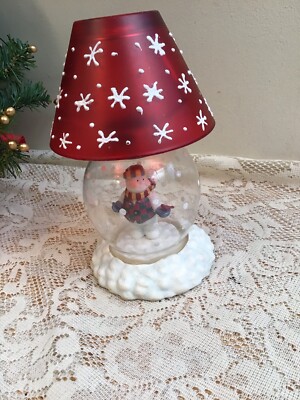Gorham Winter Follies Snowman Globe Tea light  Candle Lamp with Red Shade ''8