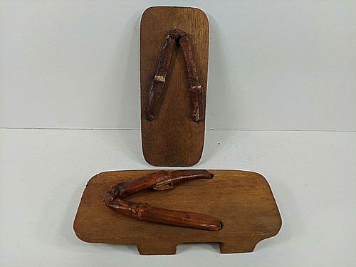Japanese Wood Leather Getamashi Sandals Shoes Wartime Gift Vintage Pair 9x4" - Picture 3 of 10