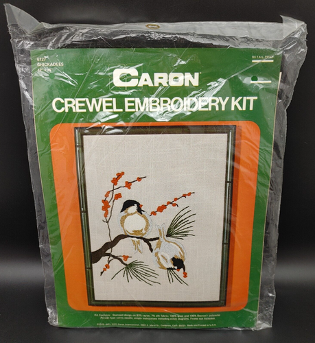Vintage 1975 Caron CHICKADEES Birds Crewel Embroidery Kit #6127 12" x 16"