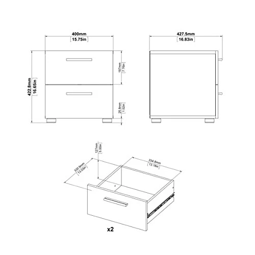 , Mesita de noche de 2 cajones para dormitorio, manijas de cajón modernas plateadas, roble Foto 4 de 4