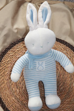 Peluche Doudou Lapin Bleu Rayé Blanc KLORANE Velours Ancien Modèle exc État