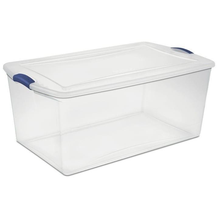 Sterilite 105 Quart Clear Plastic Storage Bin with Blue Latches and Lid