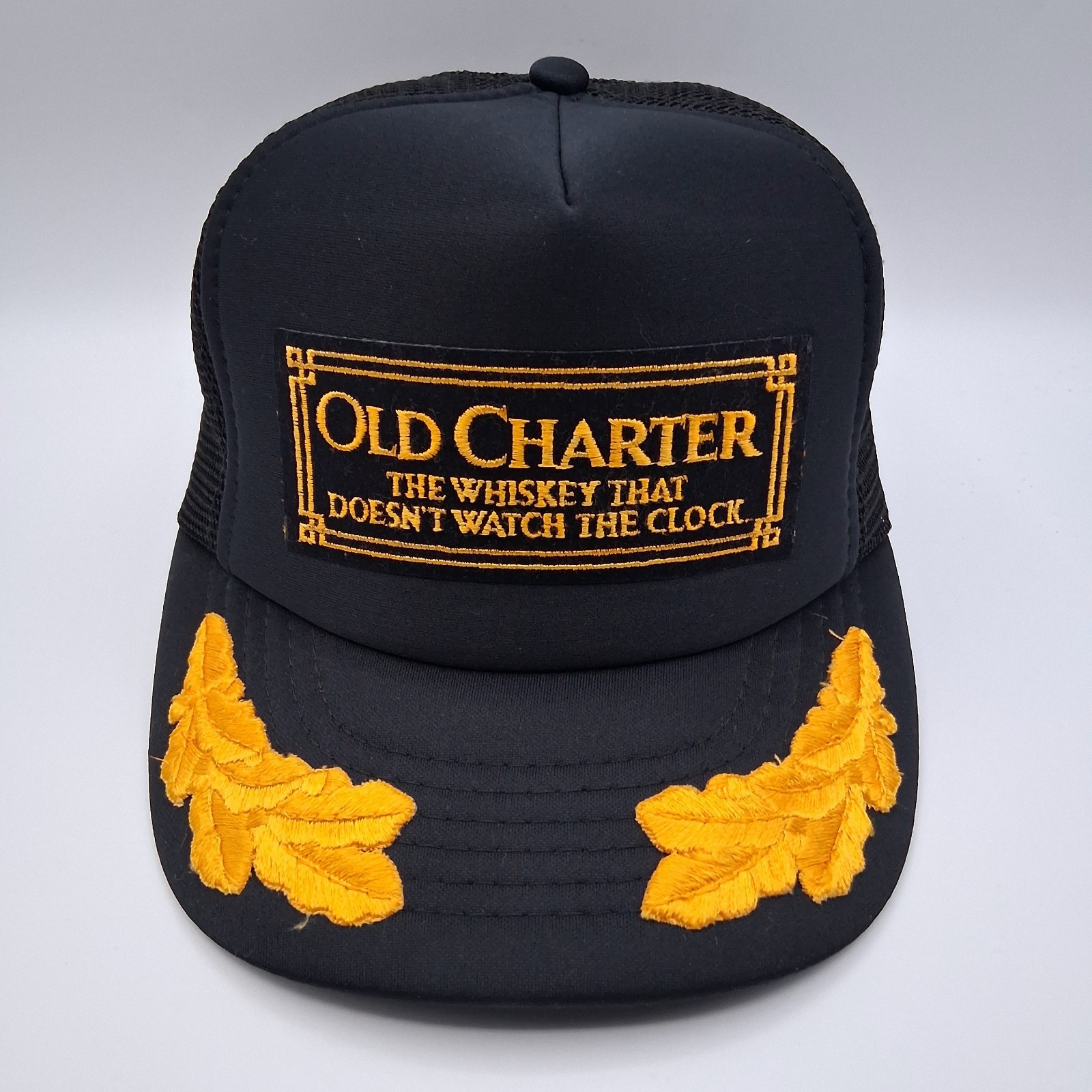 Vtg Old Charter Whiskey Patch Hat Trucker Cap Snapback Black