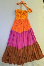 Farm Rio Dress Womens Large Colorblock Halter Maxi Tiered Smocked Sundress