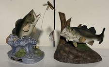VTG 2 Lionstone Whiskey Decanter Large Mouth Bass Hand Painted On Ceramic Stump