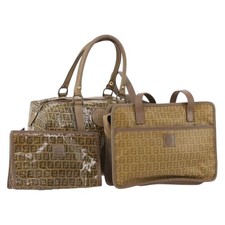 FENDI Zucchino Canvas Shoulder Bag Coated Canvas 3 Set Beige Brown Auth ti3891