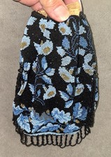 Antique ART DECO Blue Beaded RETICULE PURSE Leather Lining 6.5x6" Tassels Loops