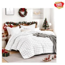 Queen Comforter Set White Gingham, Plaid Grid Checkered Bedding Comforter Set...